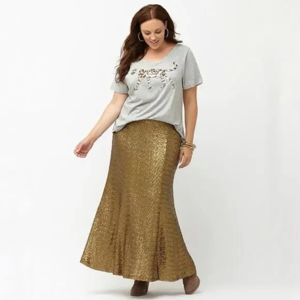 Lane Bryant Holiday Gold Sequined lined Maxi Skirt – Size 22  NWT!